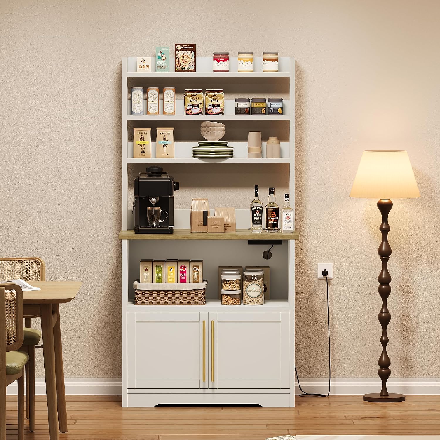 63'' Bakers Rack, Farmhouse Microwave Stand with Glass Doors, Coffee Bar Cabinet with Storage，Kitchen Organizer with Thickened Countertop, White