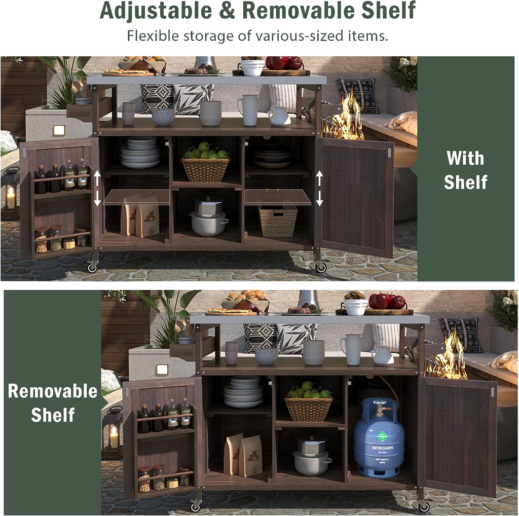 Outdoor Kitchen Island Rolling Bar Cart & Storage Cabinet Farmhouse Solid Wood Grill Table with Stainless Steel Top, Spice Rack, Towel Rack for Dining Room Kitchens BBQ Outdoor Dark Brown