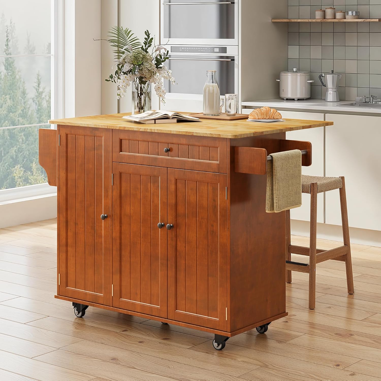Ahomly Kitchen Island with Storage, Rolling Kitchen Island on Wheels with Drop Leaf, Interal Storage Rack, a Drawer, Spicy Rack and Towel Bar, Mobile Island Table for Kitchen, Brown