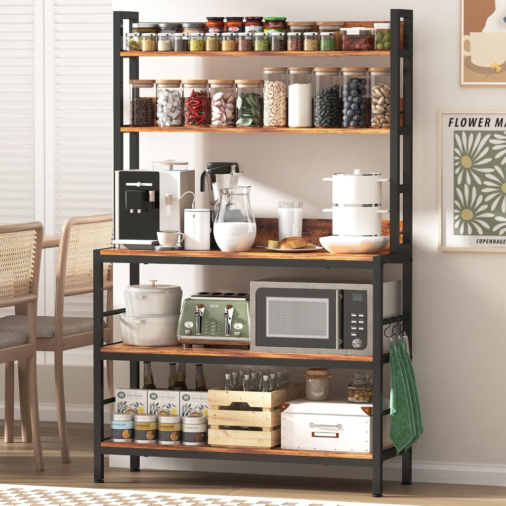 Large Kitchen Baker Rack,5-Tier Free Standing Storage Shelf Racks with Hooks,Microwave Stand with Storage, Metal Kitchen Shelf Rack for Spices,Coffee Bar Station (Brown)