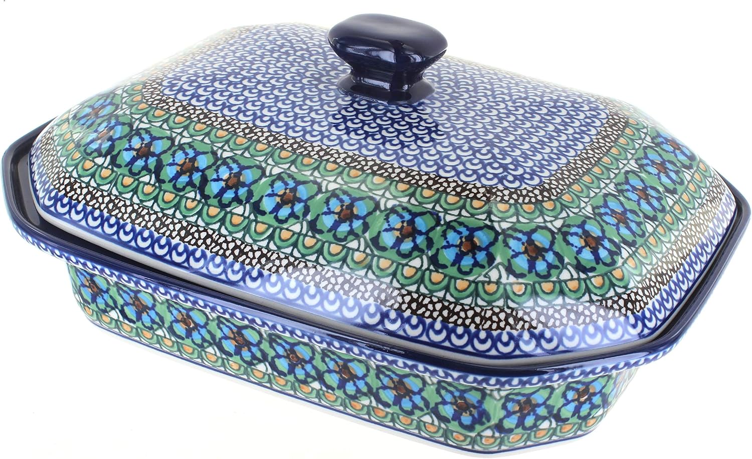 Blue Rose Polish Pottery Mardi Gras Large Covered Baker