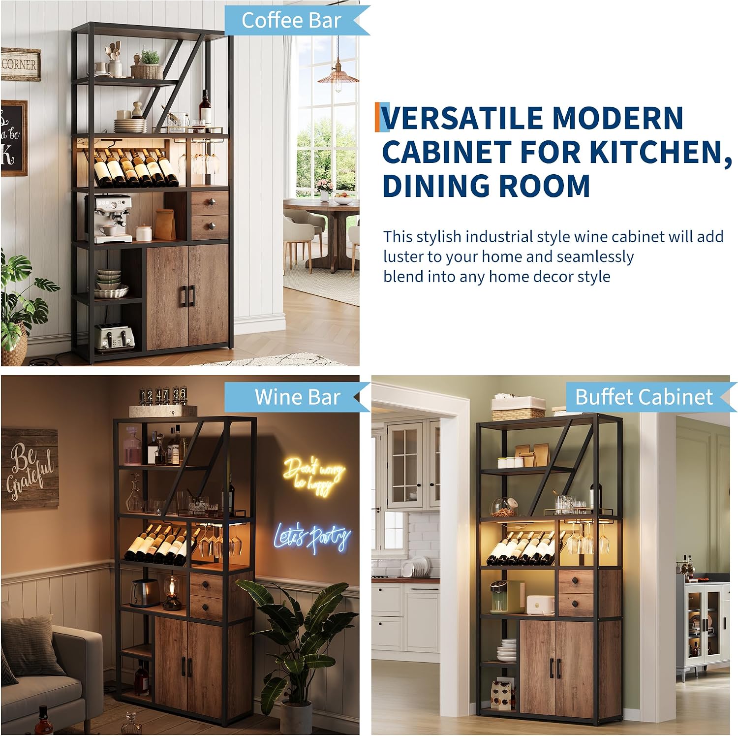 Wine Bar Cabinet with LED Lights, Tall Coffee Bar Station with Power Outlets and Wine Rack - Kitchen Microwave Stand Bakers Rack Cabinet for Living Room, Dining Room & Home Bar
