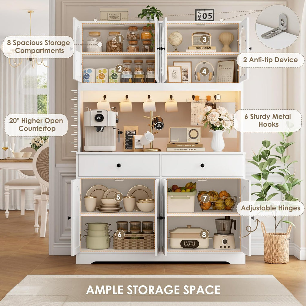 71' LED Kitchen Pantry Cabinet with Power Outlet, Large Kitchen Hutch Storage Cabinet with Arched Door & Shelves & 2 Drawers, Tall Modern Coffee Bar with Hutch for Home Dining Living Room, White