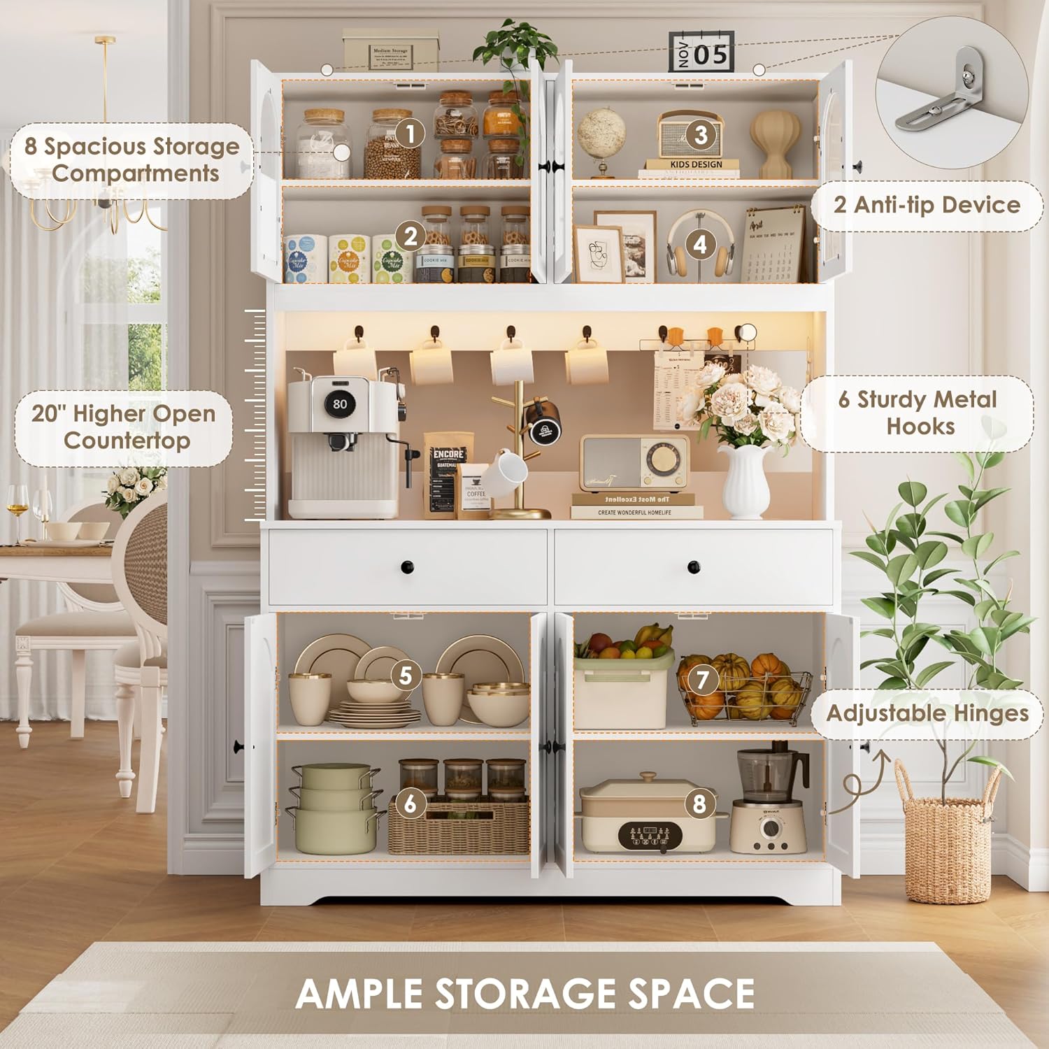 71' LED Kitchen Pantry Cabinet with Power Outlet, Large Kitchen Hutch Storage Cabinet with Arched Door & Shelves & 2 Drawers, Tall Modern Coffee Bar with Hutch for Home Dining Living Room, White