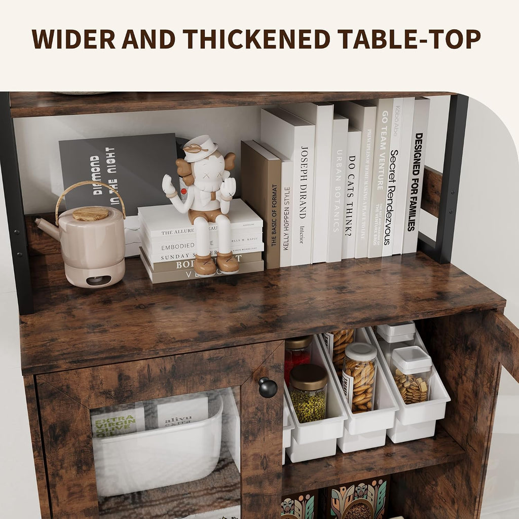TrailBlaze 67' Tall Coffee Bar Cabinet with Power Outlets & RGB LED Lights - Glass Doors, Adjustable Shelves, Wine & Liquor Storage - Microwave Stand Pantry Hutch for Dining Room or Living Room -