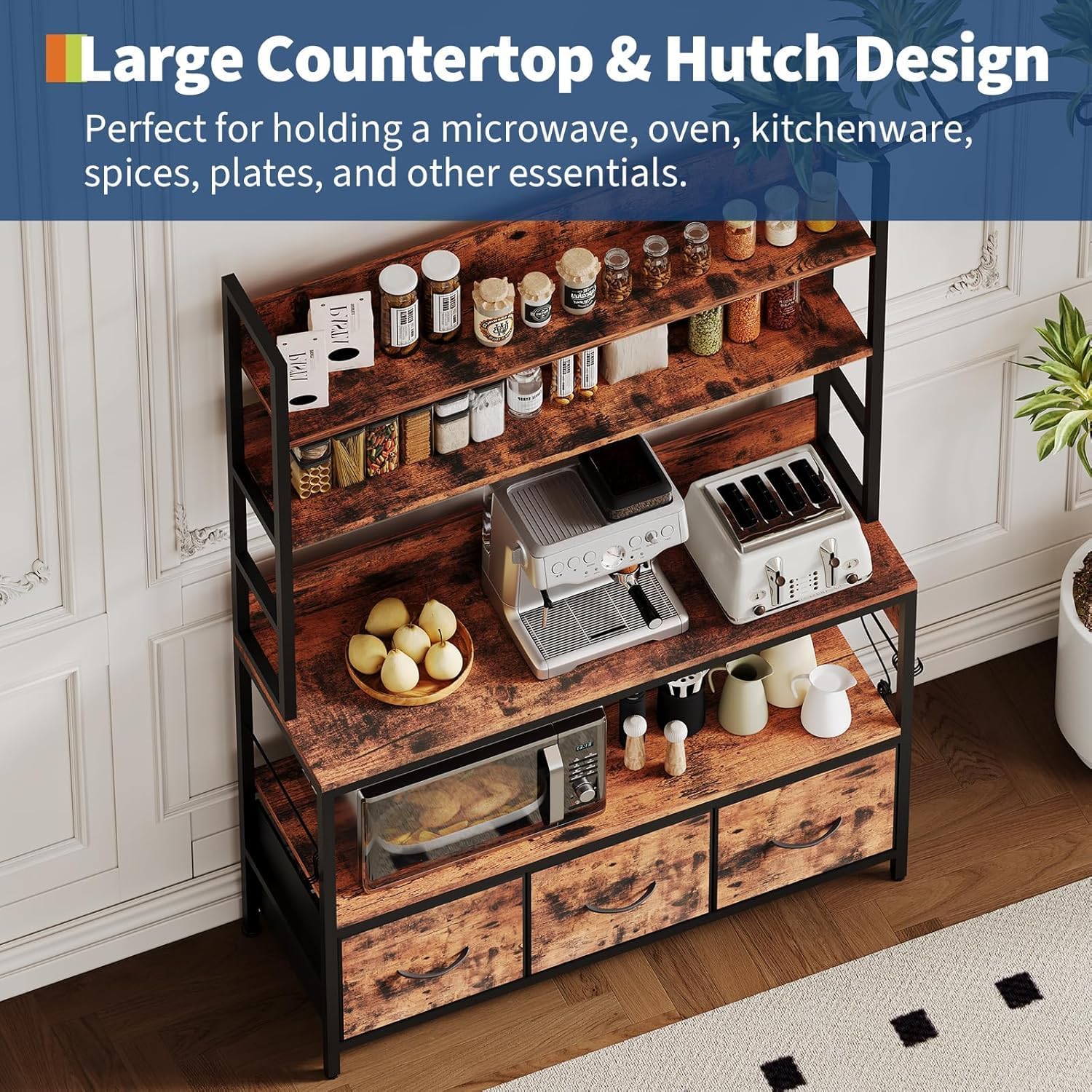 5 Tier Free Standing Baker Rack with Power Outlet, Kitchen Bakers Rack with Drawers + Hooks, Bakers Racks for Kitchens for Oven, Bread Maker, Juicer, Spice-Cans Storage, Easy to Assemble
