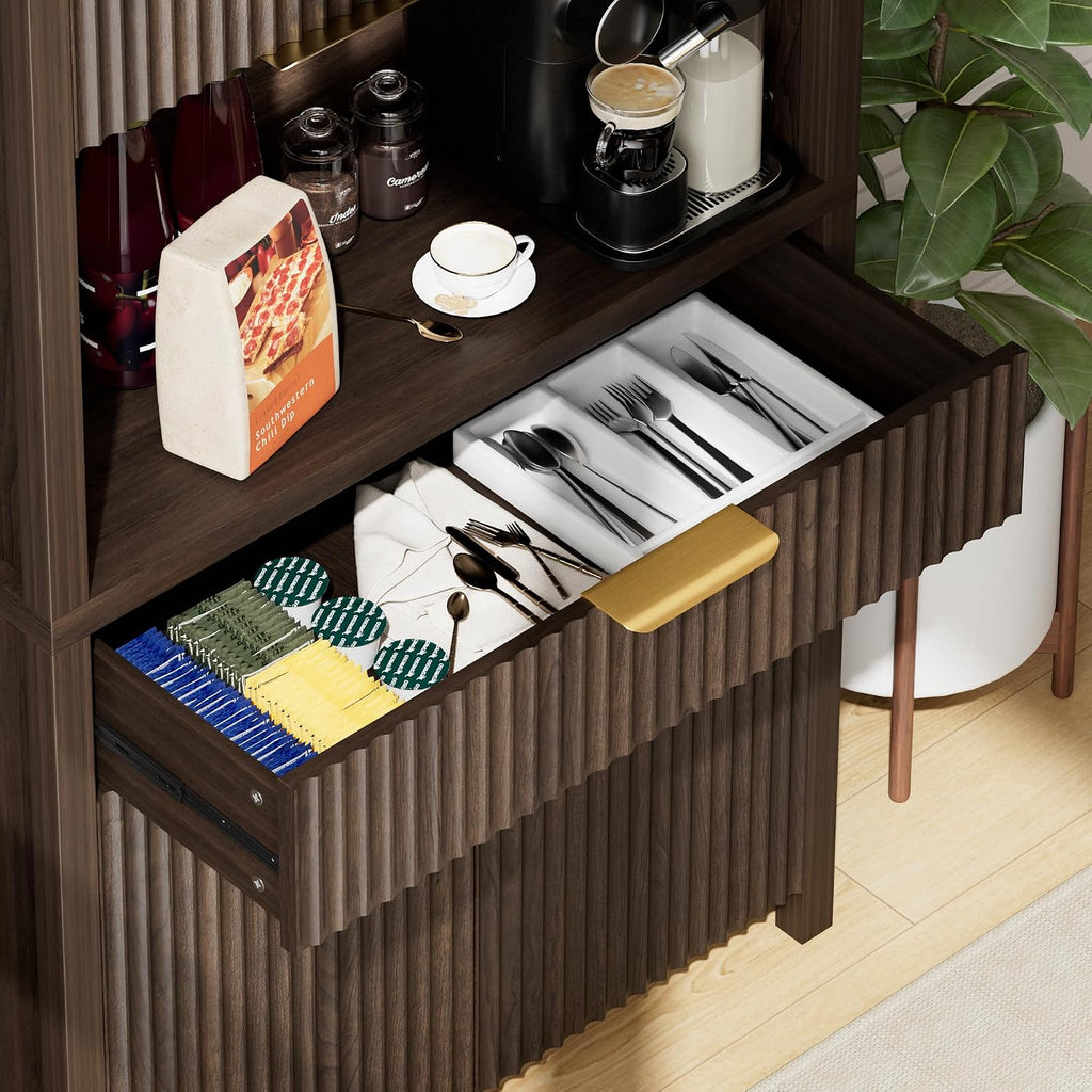 Lulive 71' Fluted Pantry Cabinet with Charging Station & Adjustable Shelves, Spacious Kitchen Storage Cabinet with Open Countertop & Drawer for Dining Room, Living Room, Brown