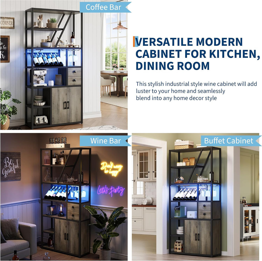 TrailBlaze Tall Wine Bar Cabinet with LED Lights and Power Outlets – Glass Holder, Wine Rack, Kitchen Bakers Rack, Coffee Bar Station, Microwave Stand Storage – Black Frame + Gray Wood Board
