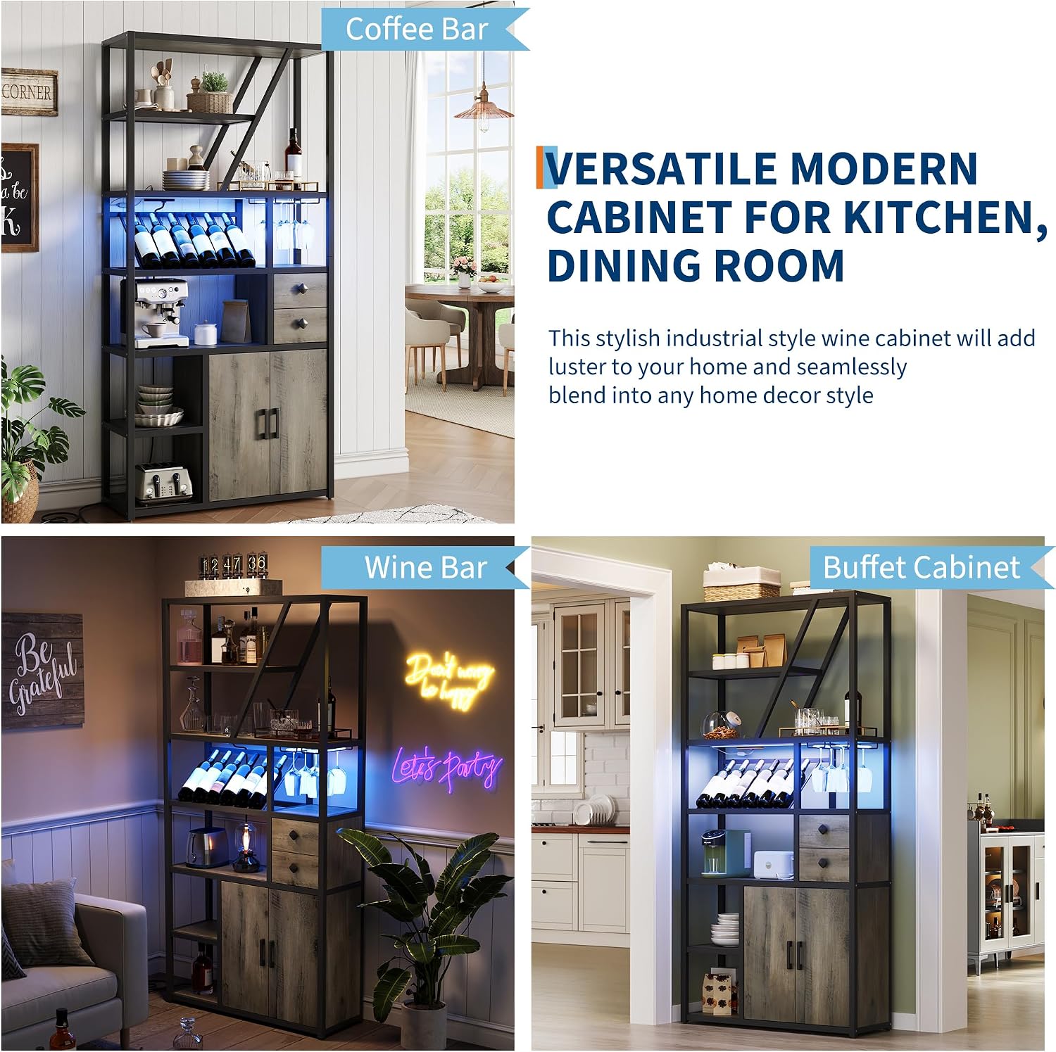 TrailBlaze Tall Wine Bar Cabinet with LED Lights and Power Outlets – Glass Holder, Wine Rack, Kitchen Bakers Rack, Coffee Bar Station, Microwave Stand Storage – Black Frame + Gray Wood Board