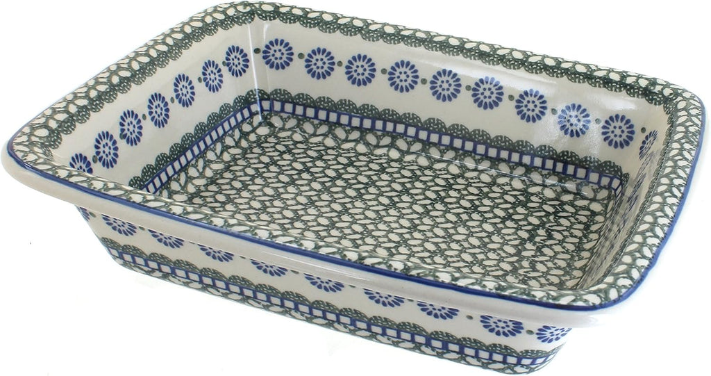 Blue Rose Polish Pottery - Green Maia Small Rectangular Baker - 11.25' x 9.25' - Unique, Dishwasher Safe, & Durable Bakeware
