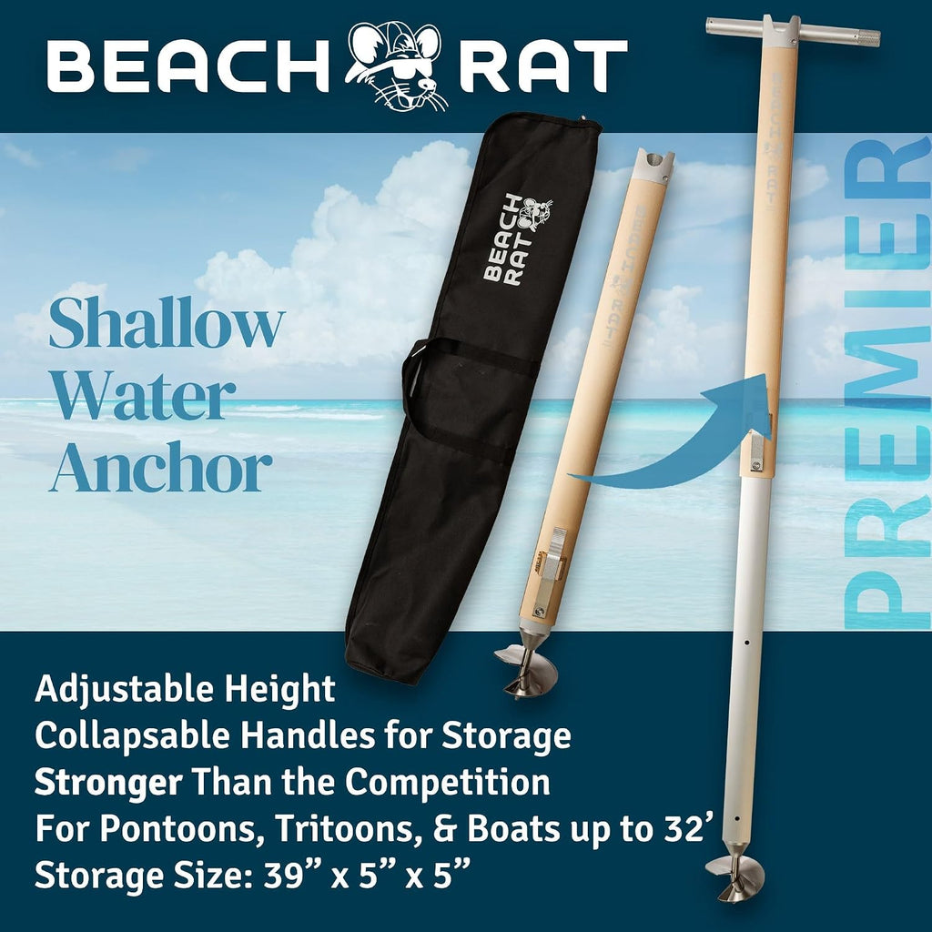Beach Rat Anchor & Case - Pontoon, Tritoon, PWC Anchor - Shallow Water Boat Anchor & Sandbar Anchor, Screw in Boat Anchor, Stainless Steel & Aluminum Anchor Pole Accessory