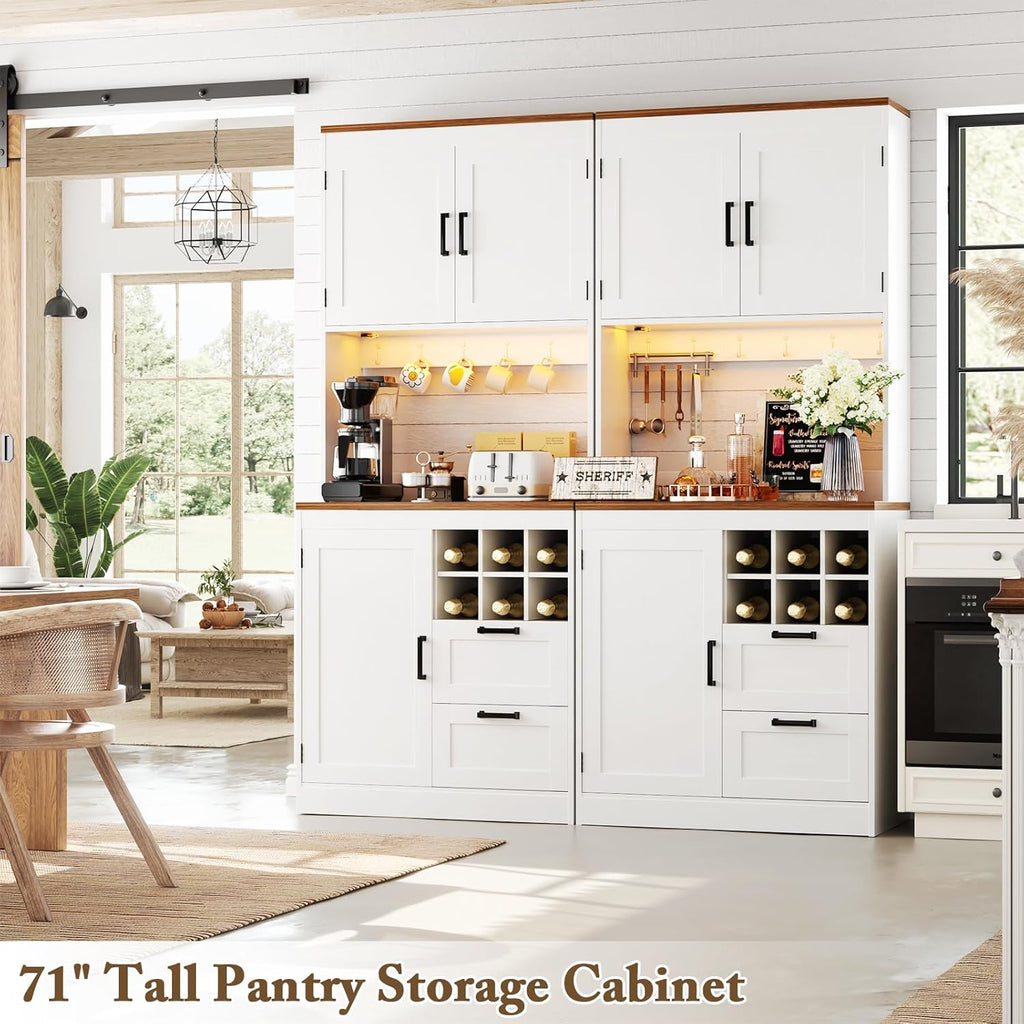 Unikito 72' Tall Pantry Cabinet, Kitchen Pantry Storage Cabinet with LED Light & Outlet, 63' Wide Kitchen Hutch Bar with Microwave Stand, Drawers, Wine Rack & Shelves, Cupboard for Dining Room, White