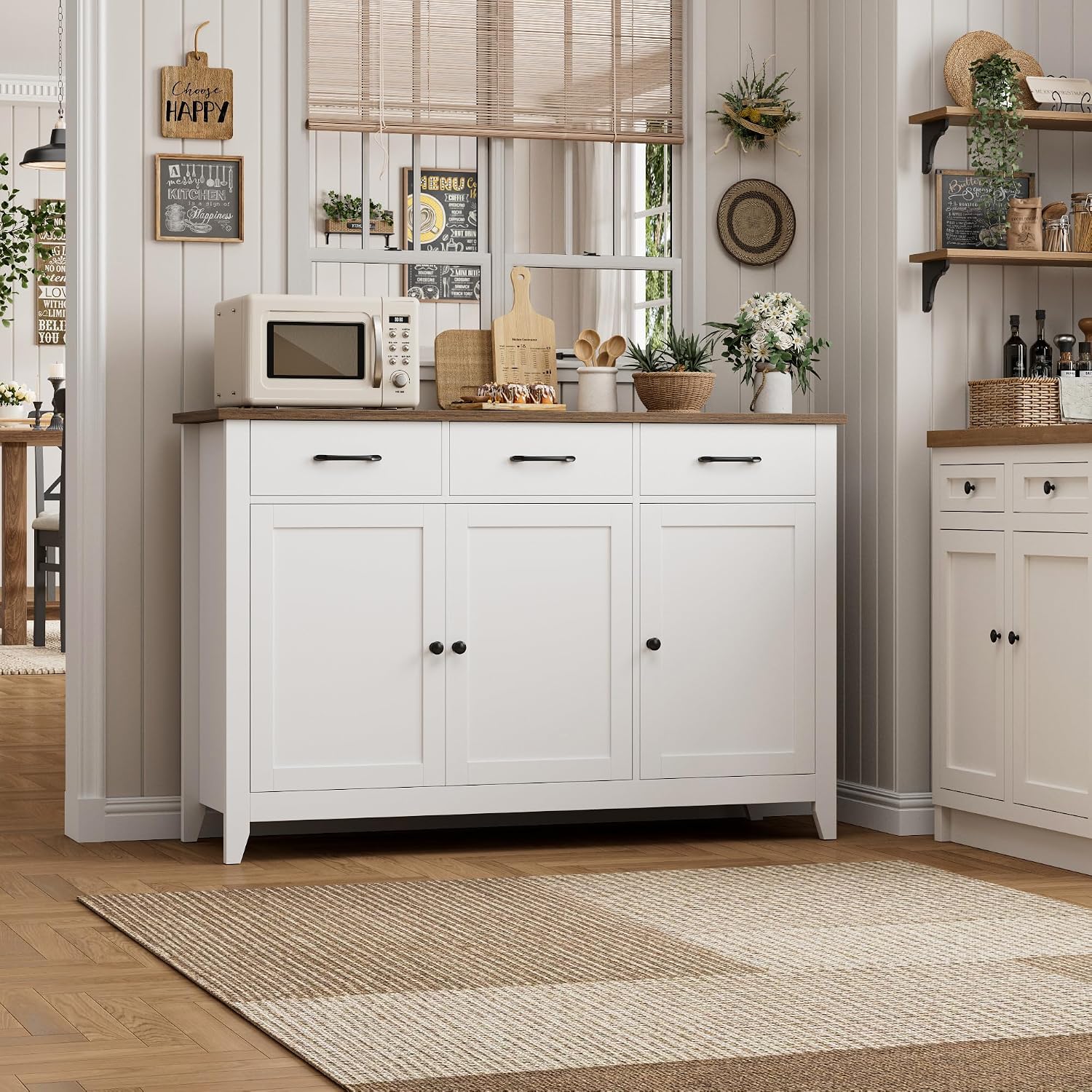 HORSTORS 47' Buffet Cabinet with Storage, Kitchen Buffet Table with Drawers, Modern Farmhouse Coffee Bar Storage Cabinet with Adjustable Shelf, Wood Sideboard for Dining Room, Kitchen, Entryway, White