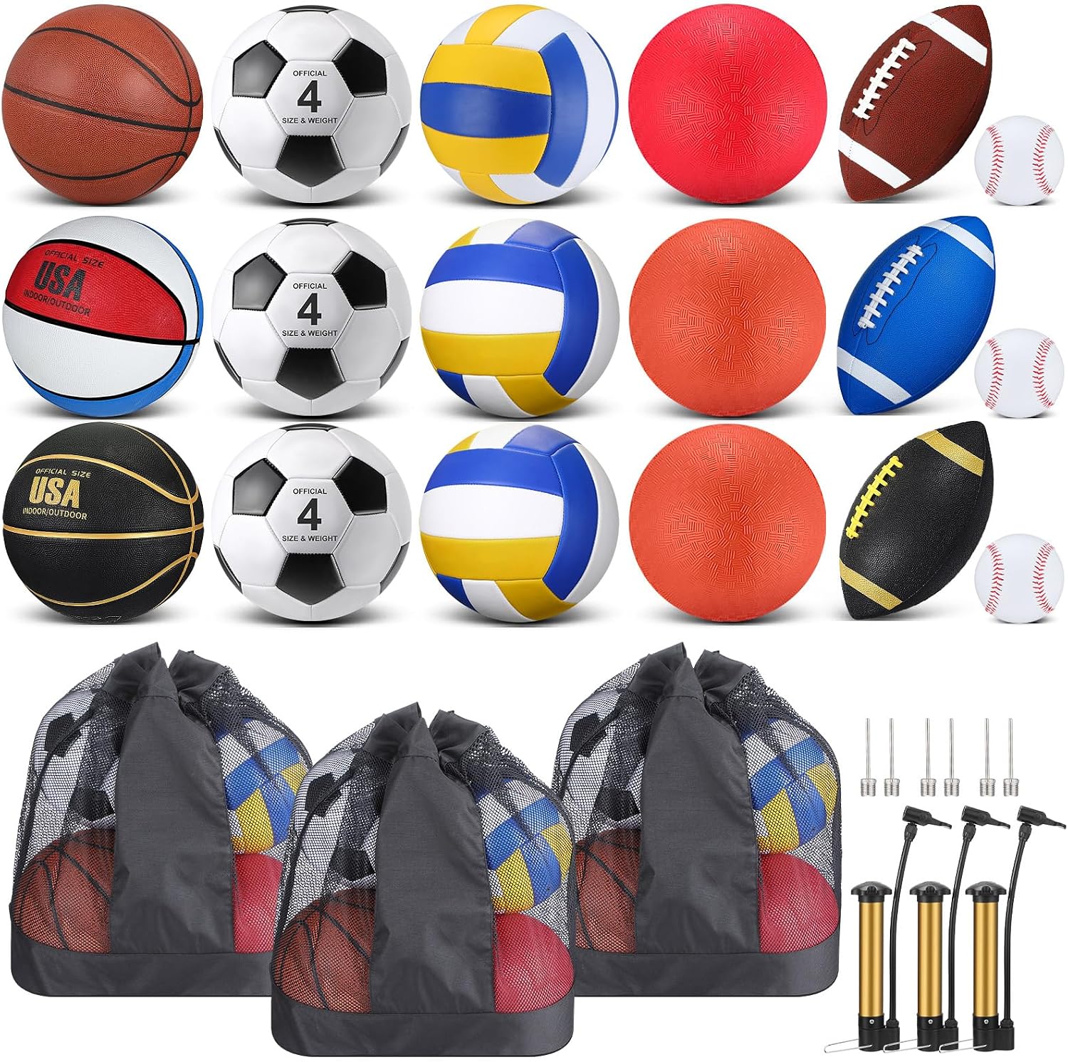 Leyndo 18 Pcs Sports Ball Set for Kids, Official Size Basketball Football Soccer Ball Playground Volleyball Baseball Outdoor Sport Equipment Bag and Pump Back to School Gift
