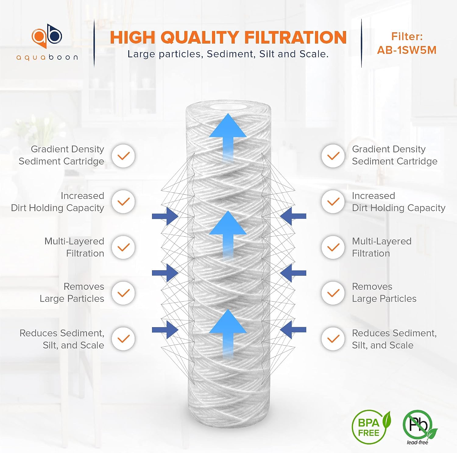 Aquaboon Whole House 5 Micron 10 x 2.5 String Wound Sediment Water Filter Cartridge Replacement Compatible with Well Water Filter WHKF-WHSW, 50-Pack