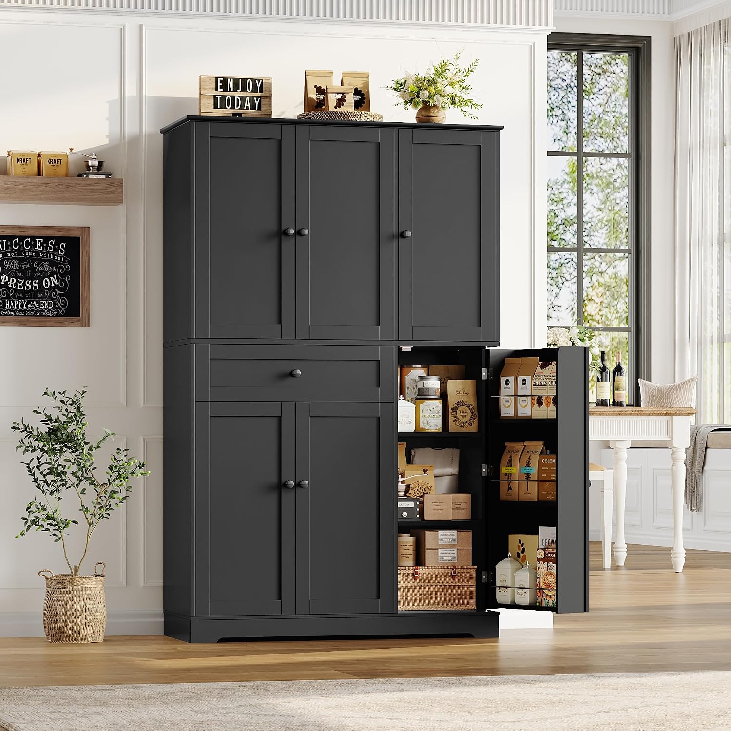 HOSTACK 68' Tall Kitchen Pantry Storage Cabinet, Modern Kitchen Hutch Cabinet with Doors and Shelves, Freestanding Food Pantry with Large Storage Drawer for Dining Room, Living Room, Black