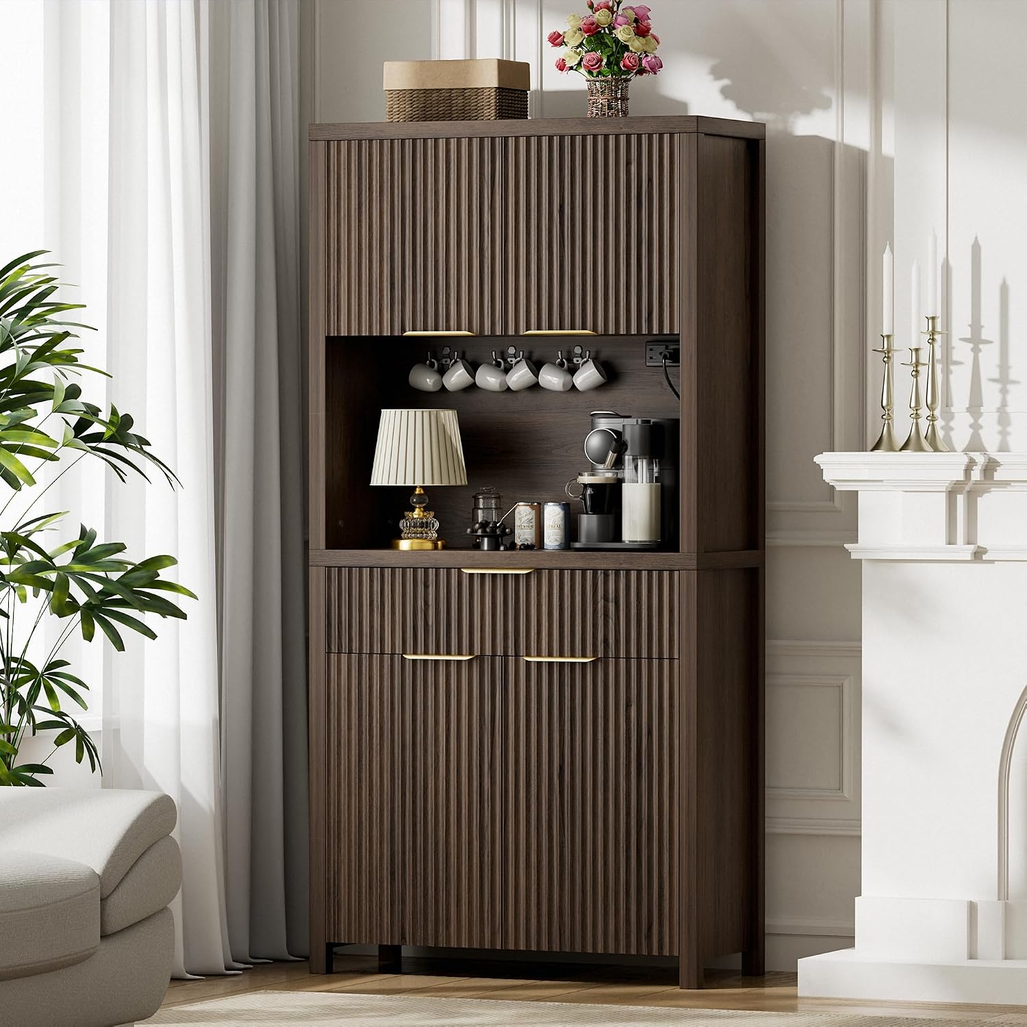 Lulive 71' Fluted Pantry Cabinet with Charging Station & Adjustable Shelves, Spacious Kitchen Storage Cabinet with Open Countertop & Drawer for Dining Room, Living Room, Brown