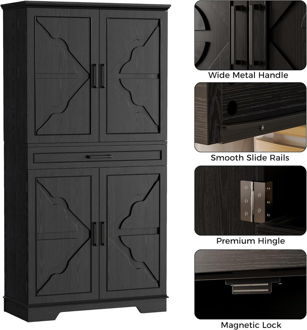 IRONCK Farmhouse Kitchen Pantry Cabinet, 72' Height Tall Freestanding Cupboard with Sliding Storage Rack and 6 Hanging Shelves for Kitchen, Dining Room, Black