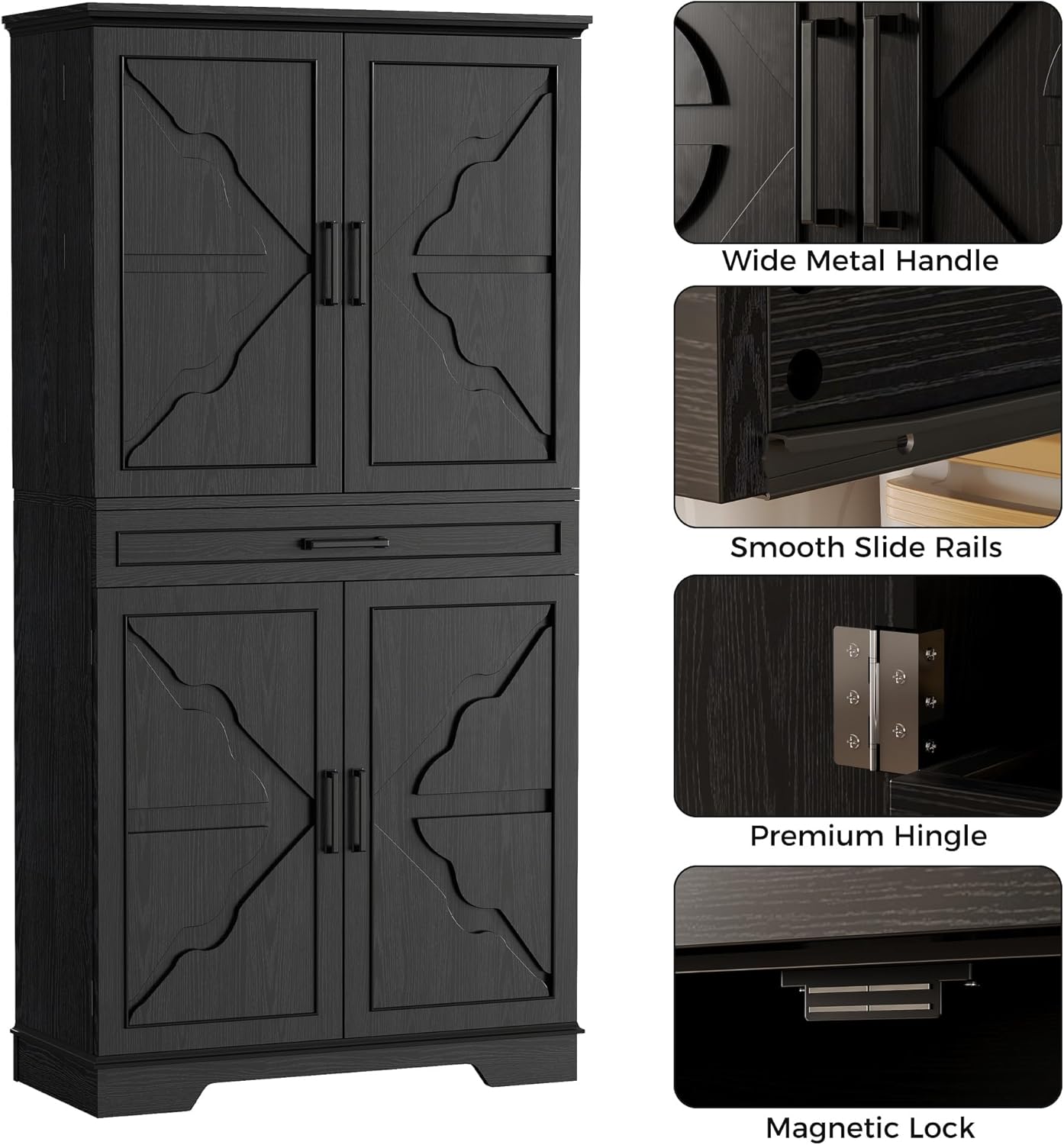 IRONCK Farmhouse Kitchen Pantry Cabinet, 72' Height Tall Freestanding Cupboard with Sliding Storage Rack and 6 Hanging Shelves for Kitchen, Dining Room, Black