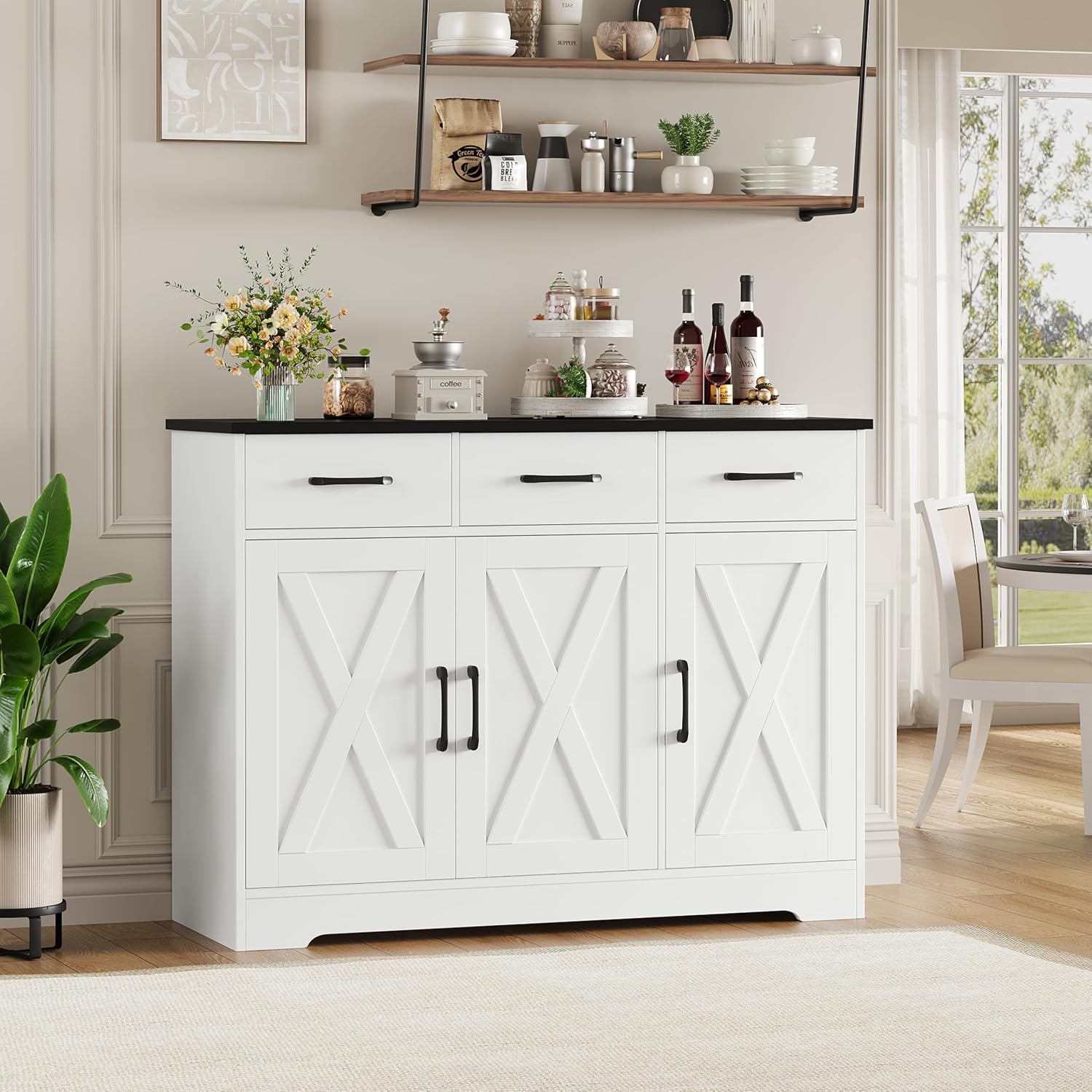 HOSTACK Modern Farmhouse Buffet Sideboard Cabinet, Barn Doors Storage Cabinet with Drawers and Shelves, Wood Coffee Bar with Storage for Dining Room, Kitchen, Living Room, White/Black