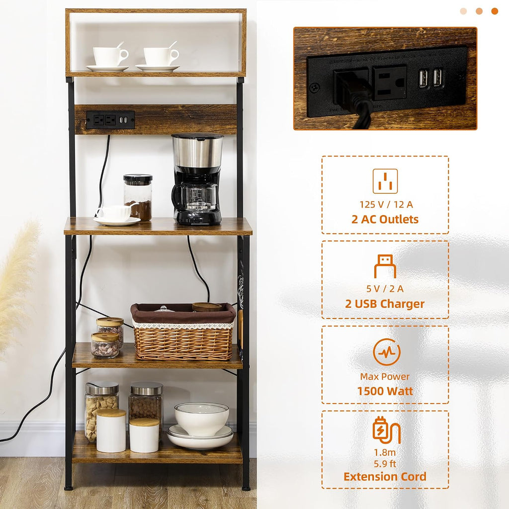 Kitchen Bakers Rack with Power Outlet, USB Charger, Microwave Stand, Coffee Bar with Adjustable Shelves, 5 Hooks for Spices, Pots and Pans, Rustic Brown