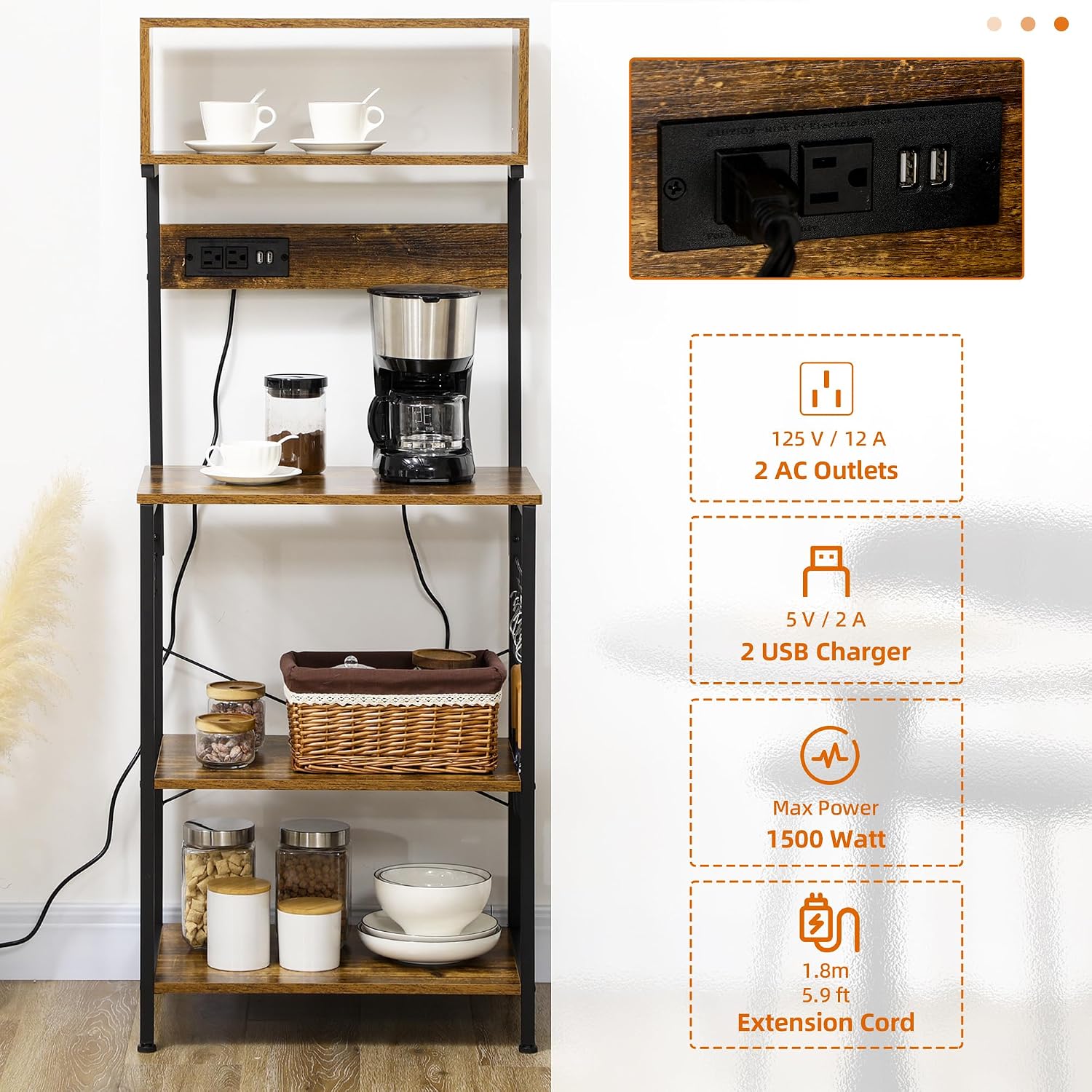 Kitchen Bakers Rack with Power Outlet, USB Charger, Microwave Stand, Coffee Bar with Adjustable Shelves, 5 Hooks for Spices, Pots and Pans, Rustic Brown
