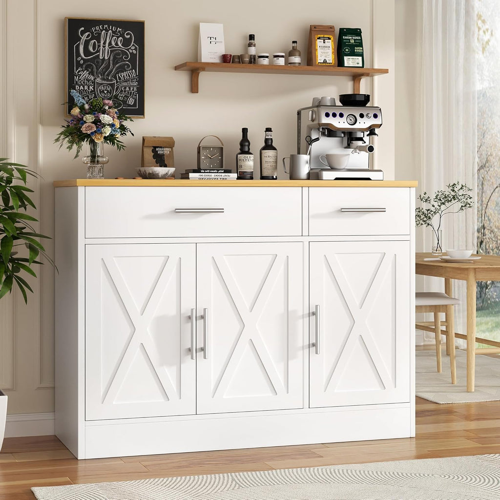 Vongrasig 43' Coffee Bar Cabinet, Farmhouse Buffet Cabinet with Storage, Sideboard Buffet with Drawers and Shelves for Kitchen, White