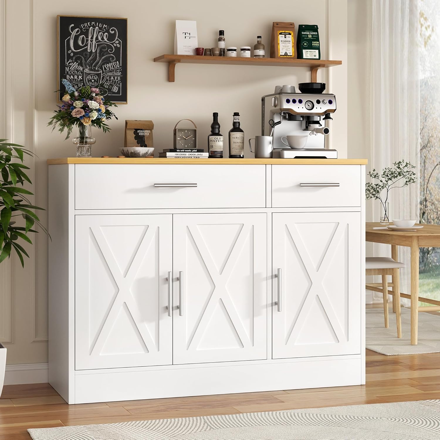 Vongrasig 43' Coffee Bar Cabinet, Farmhouse Buffet Cabinet with Storage, Sideboard Buffet with Drawers and Shelves for Kitchen, White