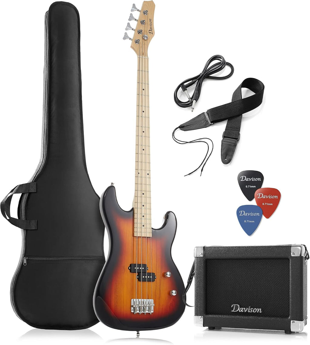 Davison Guitars Full Size Electric Bass Guitar with 15-Watt Amp, Sunburst - 4 String Right Handed Beginner Kit with Gig Bag and Accessories