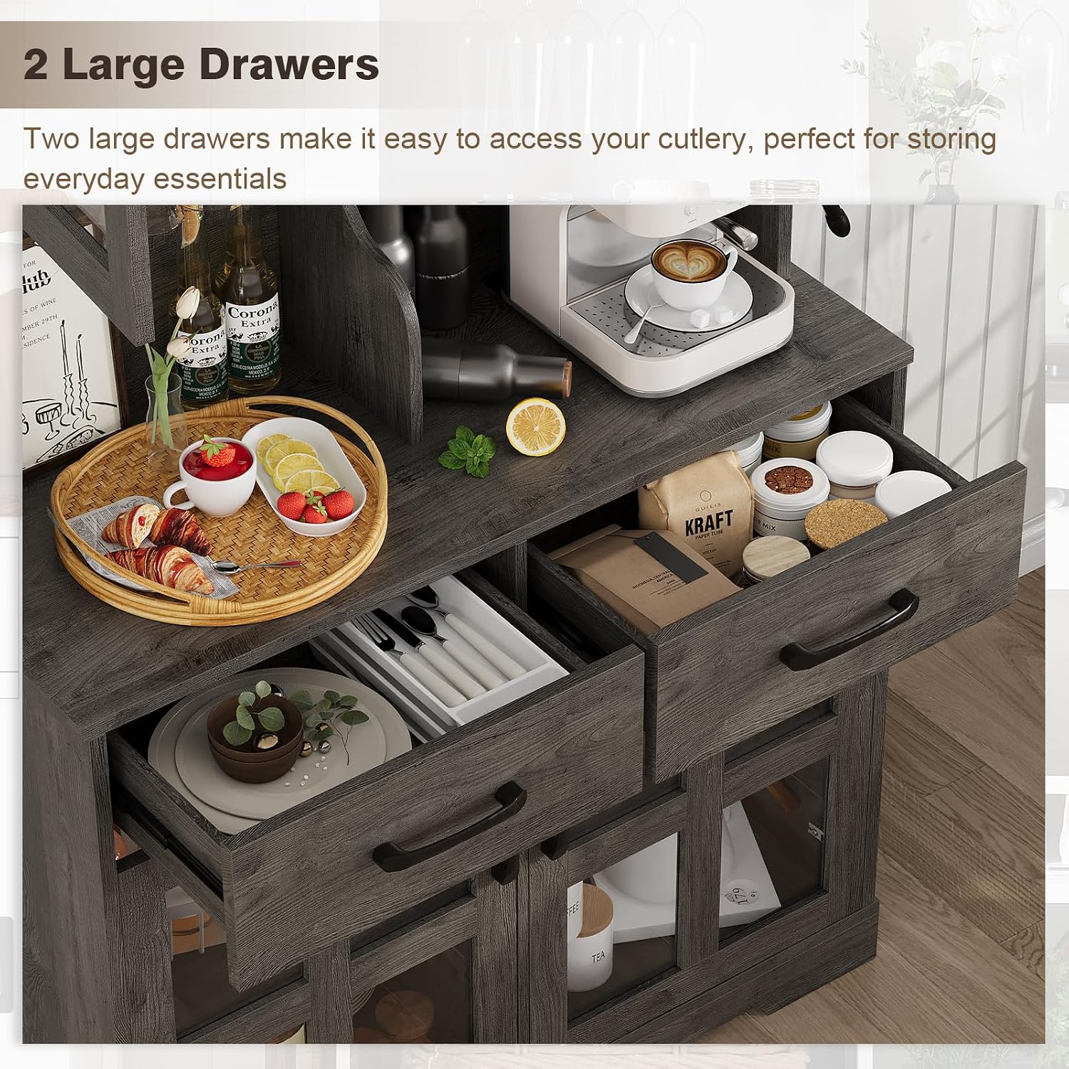 71' Farmhouse Style Freestanding Storage Cabinet, Kitchen Storage Bakers Rack with Charging Station, Utility Food Cupboard with Wine Racks for Kitchen Dining Living Room, Dark Oak