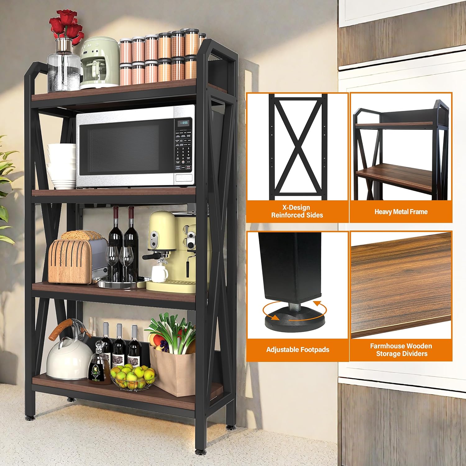 IRONCORE Bakers Racks for Kitchens,4-Tier Kitchen Bakers Rack with X-Type Reinforcement,Bakers Rack with Storage,for Microwave Stand,Coffee Bar,Organizer,Steel Metal Storage Shelf