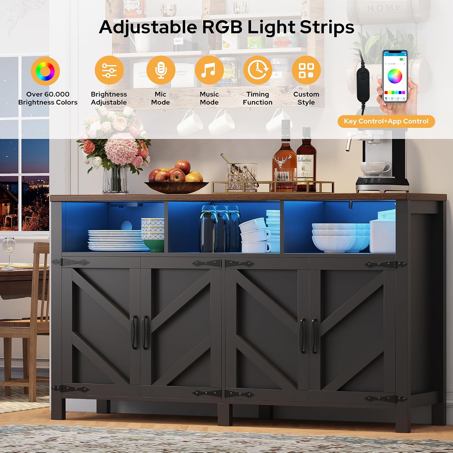 knoworld Buffet Sideboard with Storage with Power Outlets & LED Light 4 Doors, 55'' Large Farmhouse Kitchen Storage Cabinet Wood Coffee Bar Cabinet Buffet Table for Kitchen, Dining Room, Entryway