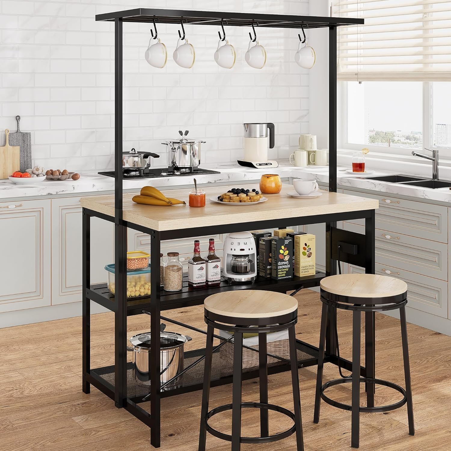PeakPursuit 47' Kitchen Island with Power Outlet & 3-Tier Storage, Mobile Bakers Rack & Microwave Stand with 4 Outlets, Rolling Kitchen Cart for Dining Room, Living Room, or Kitchen