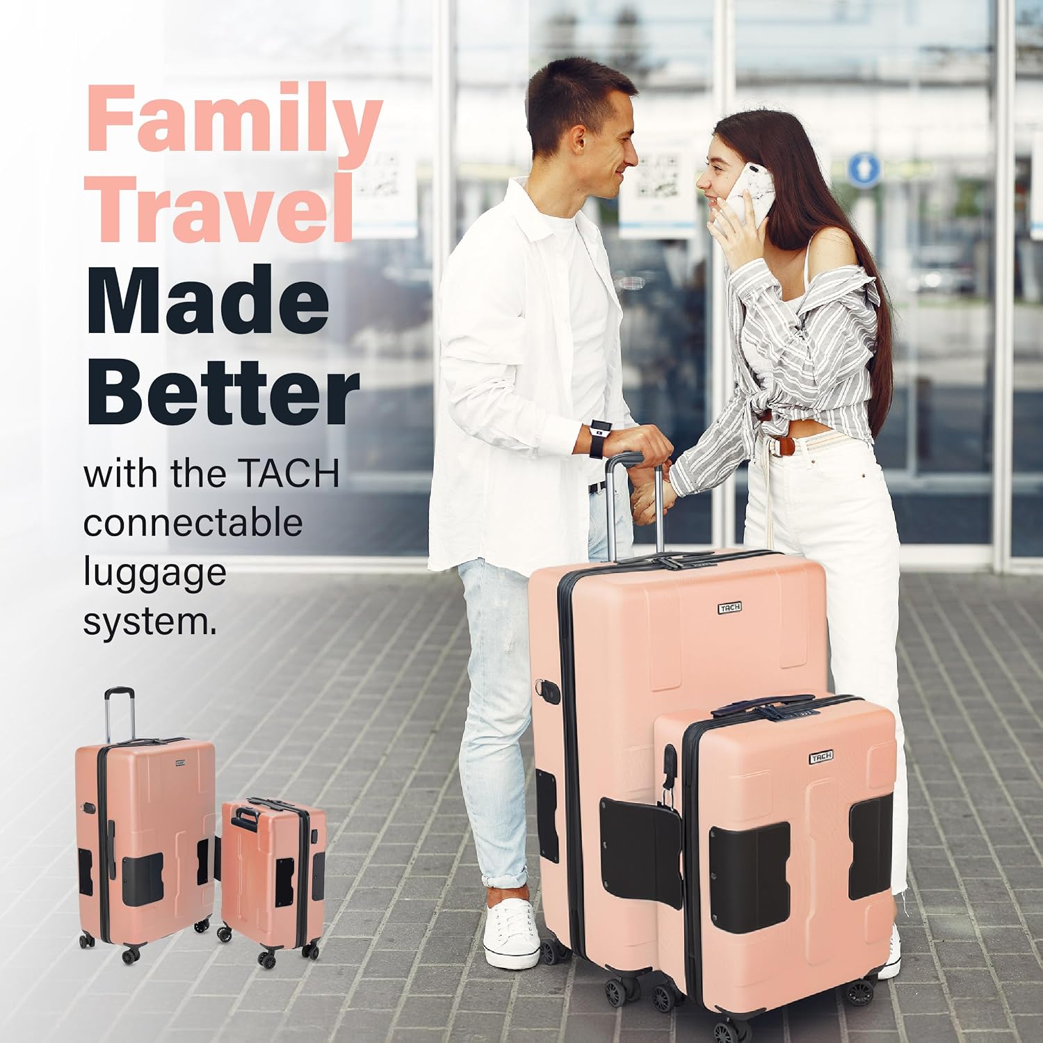 TACH Patented Connecting Hard Shell 2 Piece Luggage Set - 20 & 28 inch Luggage | Large & Carry-On Rolling Suitcases - Pink