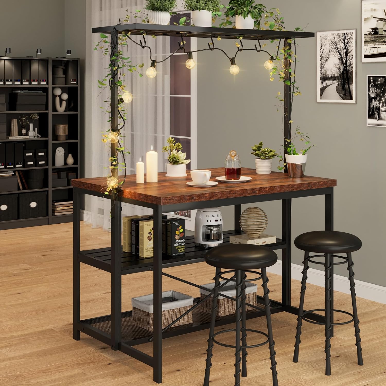 Kitchen Island with 3 Tier Storage Shelf, 42'' Wooden Island Table with Bakers Rack, Microwave Oven, 5 Hooks for Kitchen, Living Room, Dining Room, Modern Bar Table and Chairs Set for 2