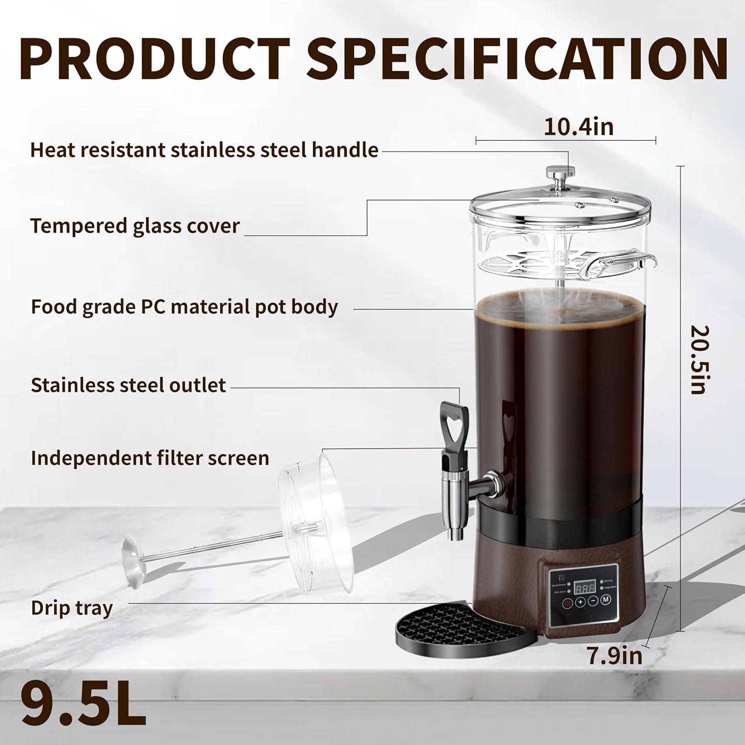 Commercial Coffee Urn Hot Beverage Dispenser Coffee Maker, Food-grade Plastic 9.5 L 60 Cups, Hot Chocolate Machine, Electric Percolator for Catering Hot Water for Hot Cocoa, Drink, Tea, Juice