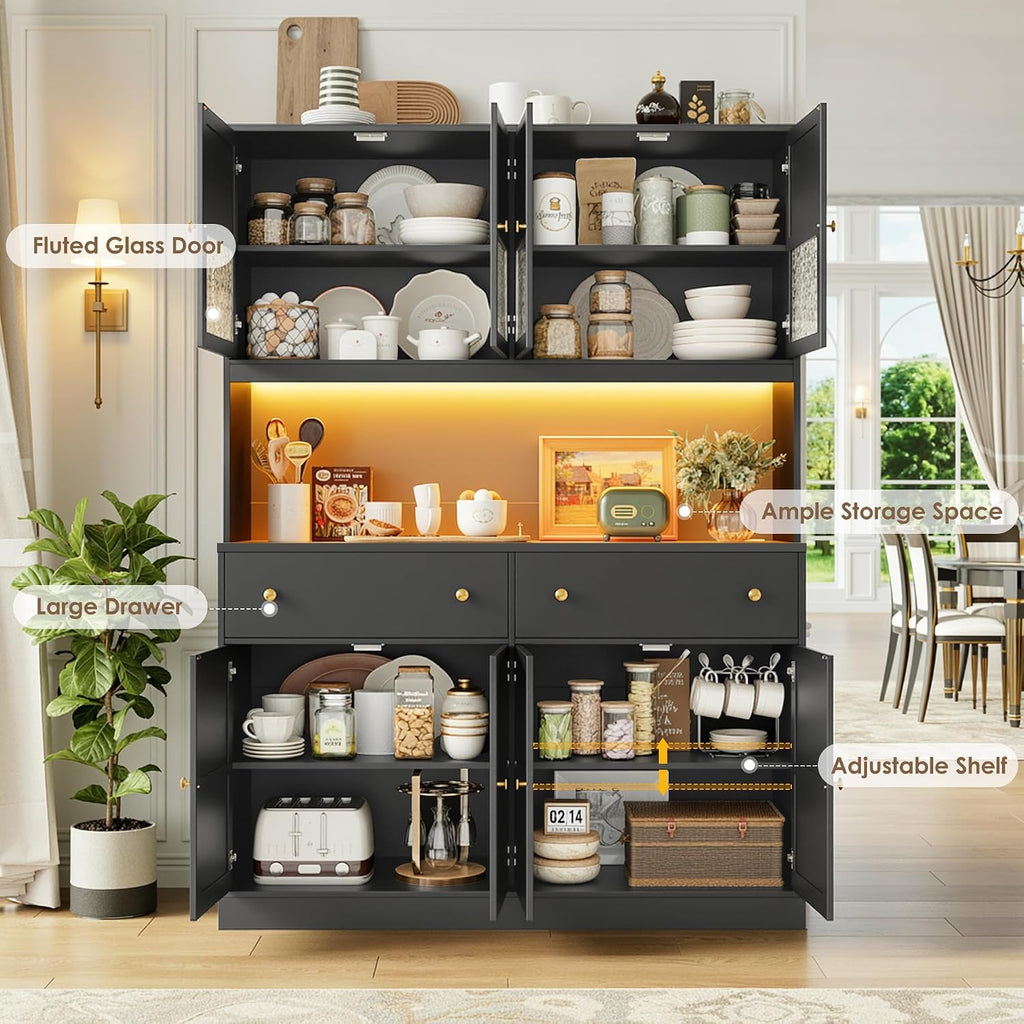 FINETONES 71' Pantry Cabinet with LED Light and Charging Station, Farmhouse Kitchen Pantry Cabinet with Microwave Stand, 47.2' Wide Kitchen Hutch Food Pantry with Open Countertop, Black
