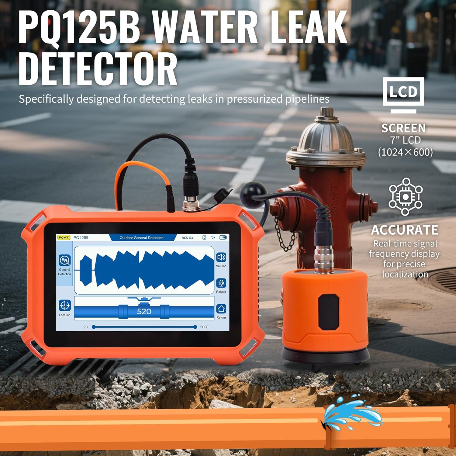 Underground Water Leak Detectors PQ125B Outdoor Wall Pipe Water Leakage Detection with Touchscreen Earphone and Carrying Case Sensor Acoustic Pipeline Sound Intensifier