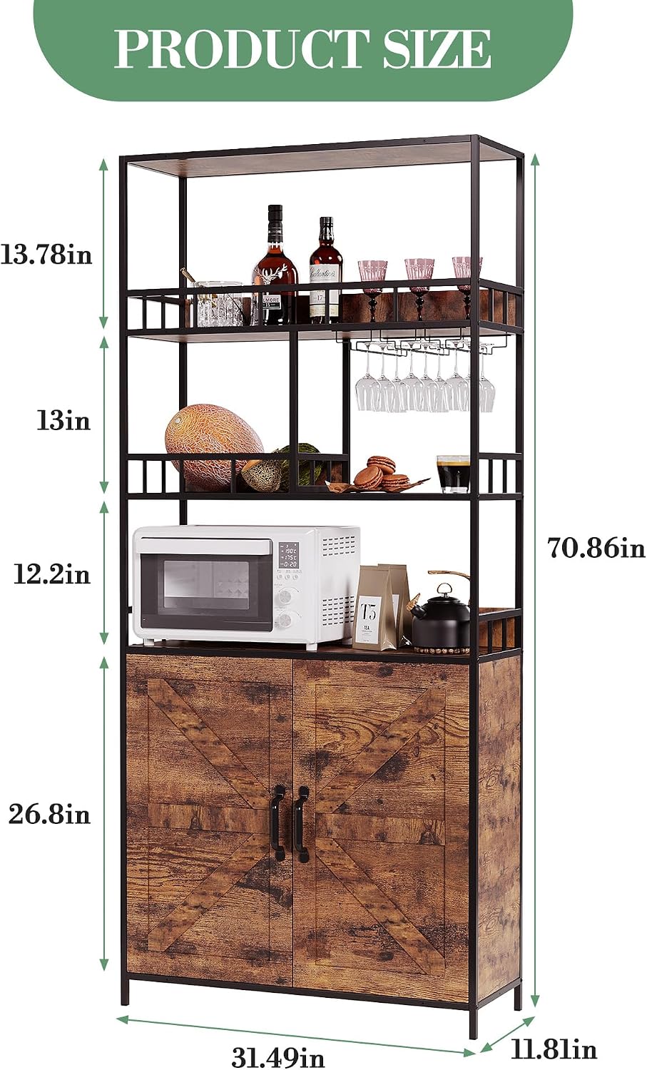 70.8' Tall Bar Cabinet, 5 Tier Storage Cabinet, with Wine Rack & Bakers RackKitchen Pantry Microwave Stand, Freestanding Liquor Cabinet & Coffee Bar Hutch for Dining Room, Living Room