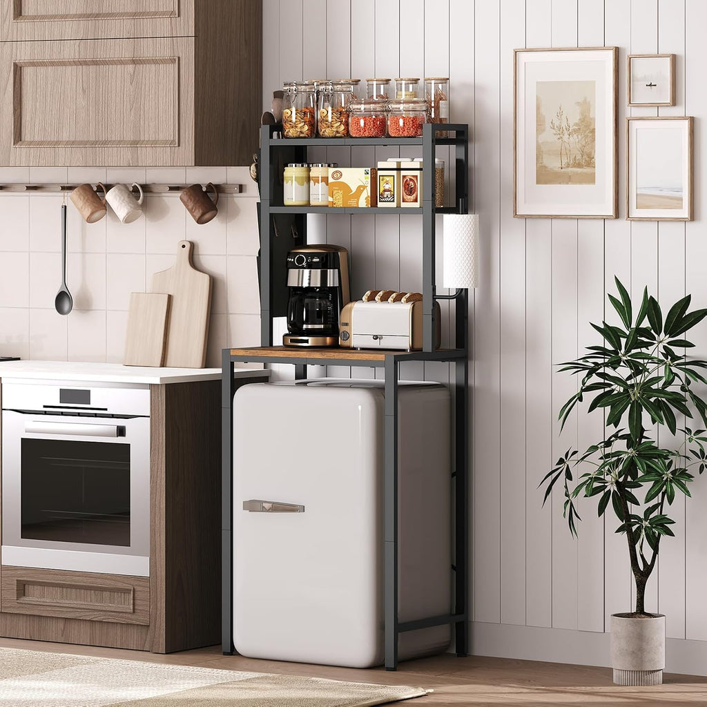 MAHANCRIS Bakers Rack with Mini Fridge Shelf and Bakers Rack with Drawer Bundle, Microwave Stand with Power Outlet, BRHR5401-BRBK48E01