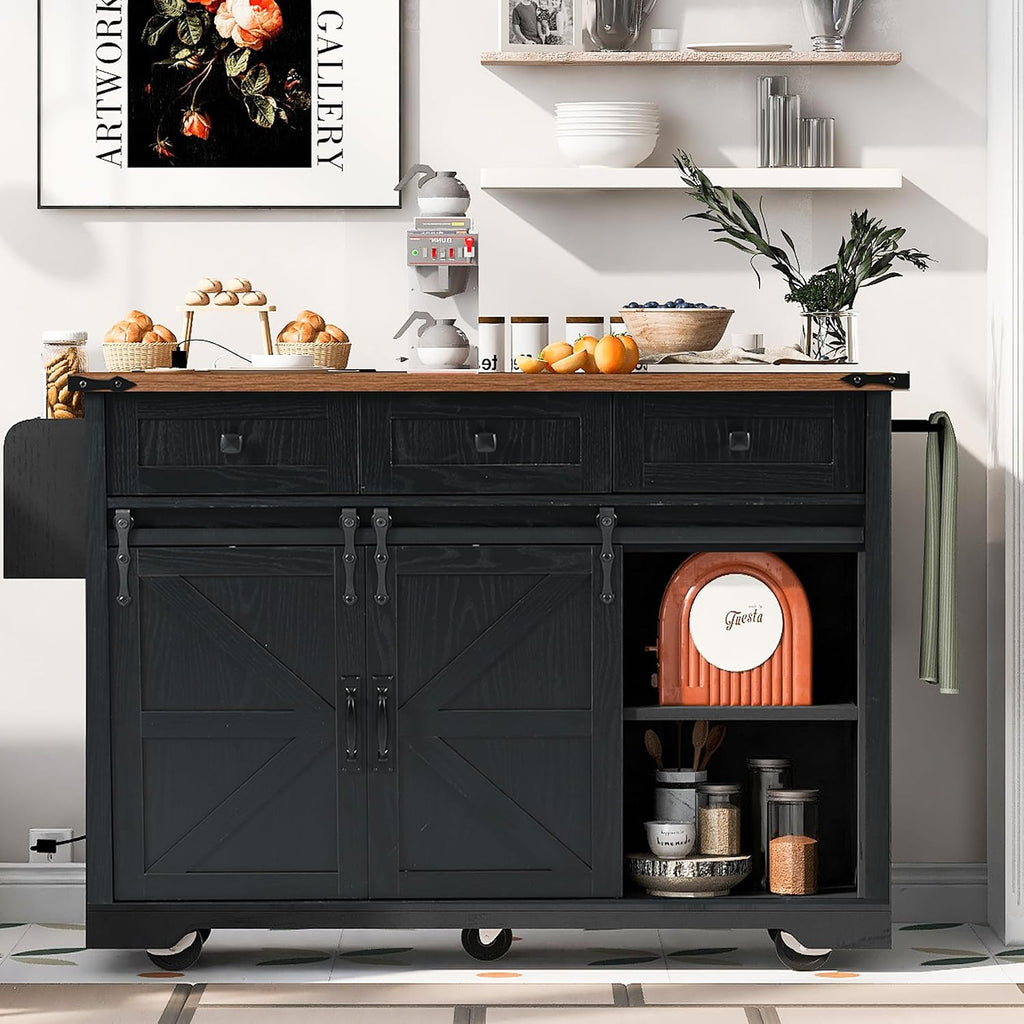 53.7' Farmhouse Rolling Kitchen Island Cart on Wheels with Power Outlet, Storage Island with Drop Leaf, Spice Rack, 2 Sliding Barn Door and Drawer for Dining Room Kitchens Living Room Black