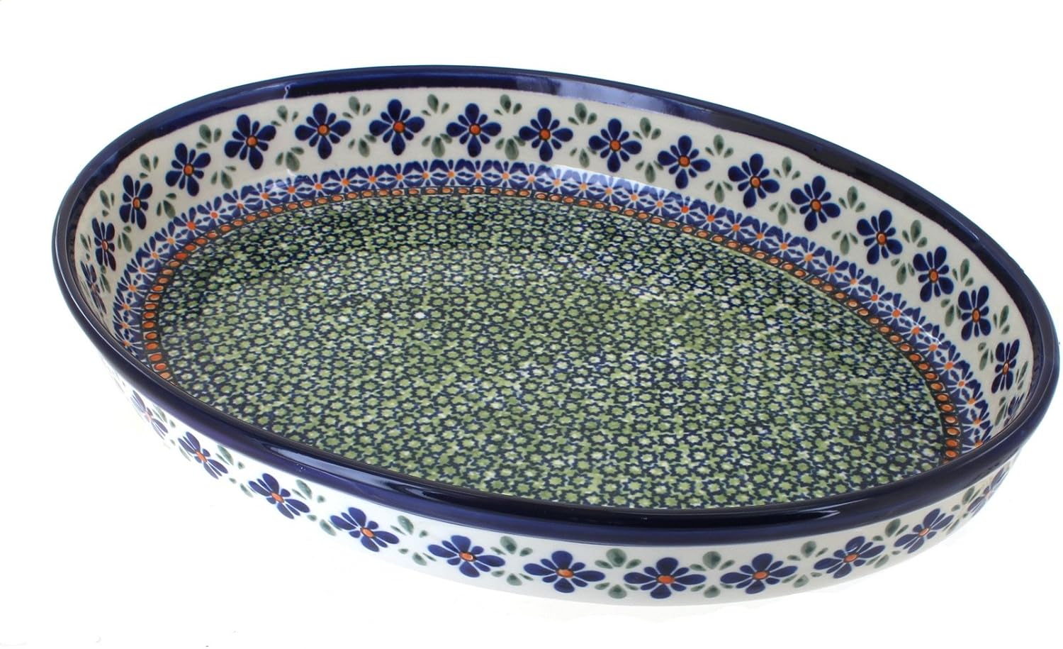 Blue Rose Polish Pottery - Green Mosaic Flower Large Oval Baker - 14' x 10.25' - Unique, Dishwasher Safe, & Durable Bakeware