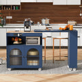 Rolling Kitchen Island W/Extended Table, Kitchen Island On Wheels with LED Lights,Power Outlets and 2 Fluted Glass Doors,Kitchen Island with a Storage Compartment&Side 3 Open Shelves ( Dark blue )