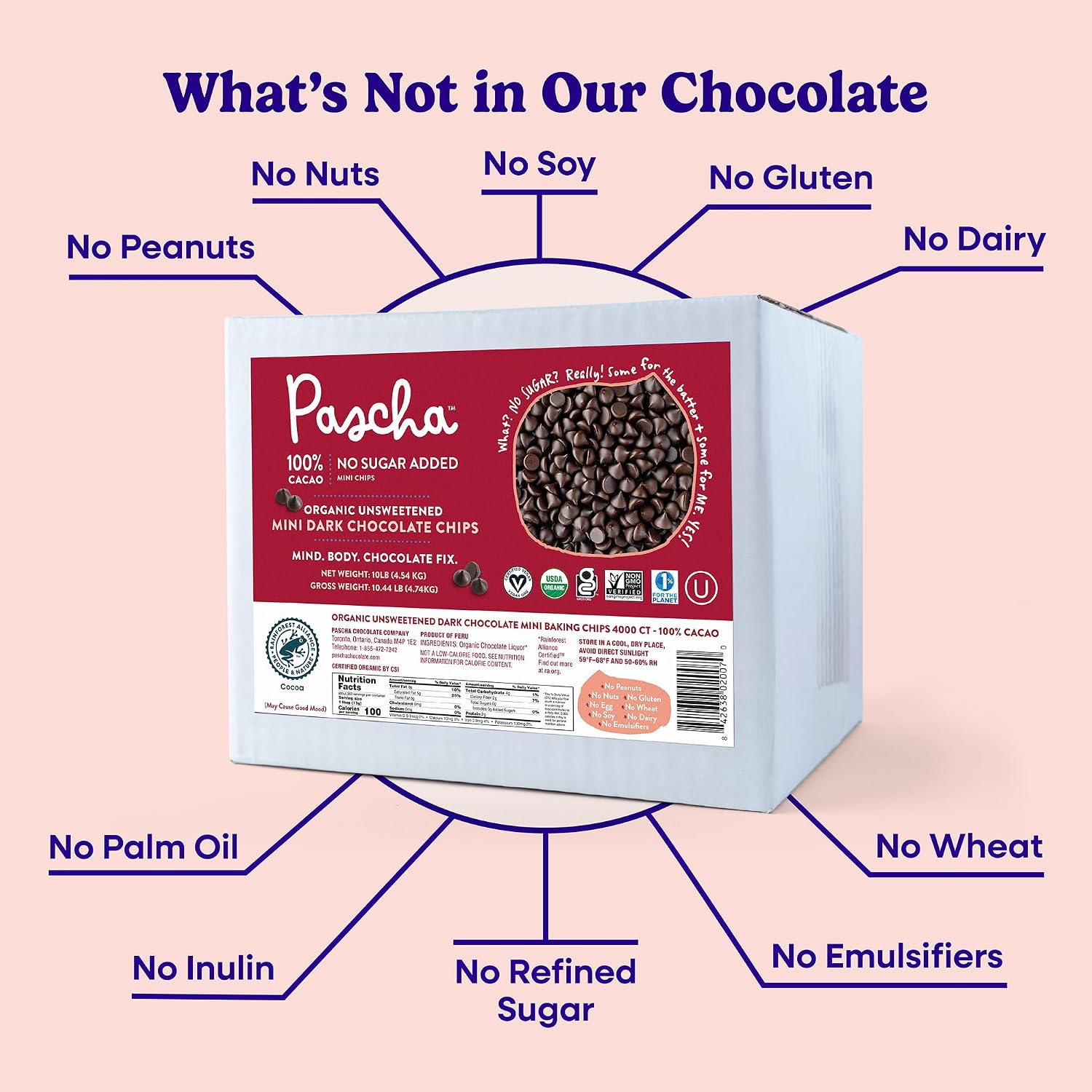 Pascha Organic 100% Cacao Mini Baking Chips - Unsweetened Dark Chocolate - Sugar-Free, Keto, Vegan Baking Chocolate - Single Ingredient, Rainforest Alliance Certified - Allergen-Free, (10 lbs)