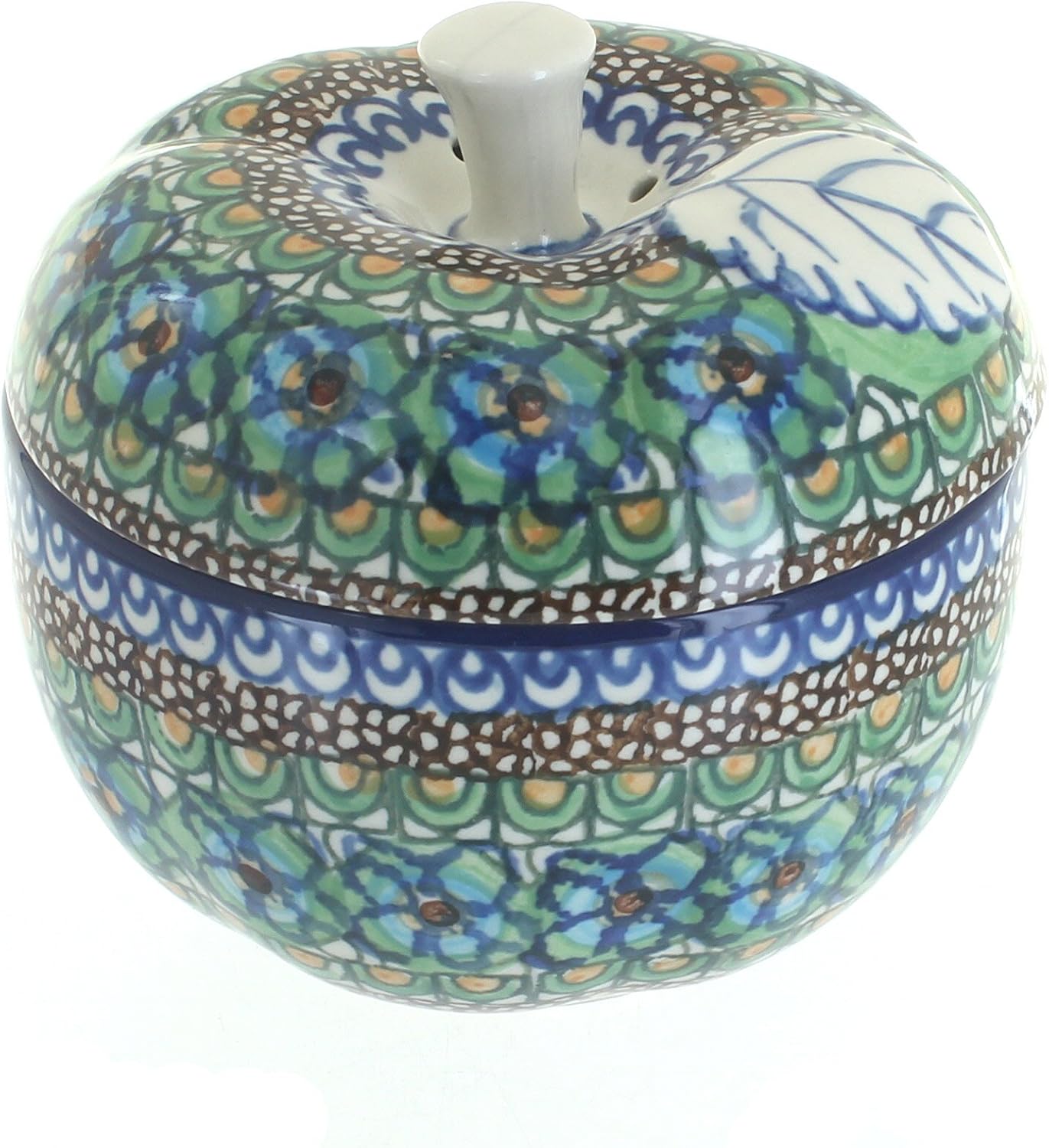 Blue Rose Polish Pottery - Green Mardi Gras Apple Baker - 5' Diameter - Unique Baker for Apples, Durable Bakeware, Dishwasher Safe Bakeware
