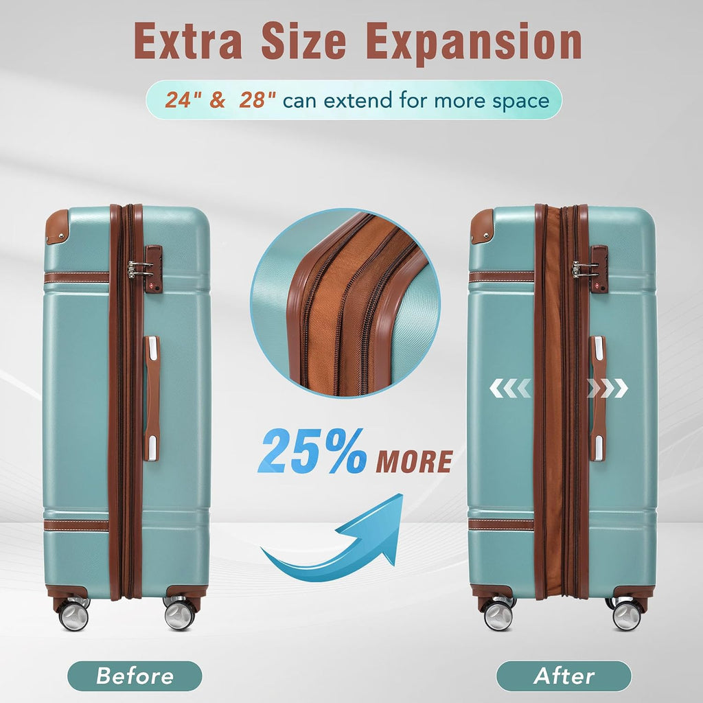 Merax Luggage Set 2 Piece Suitcase Set with Cosmetic Case Expandable Spinner Wheels Vintage Luggage Sets(Blue Green,20'+28')