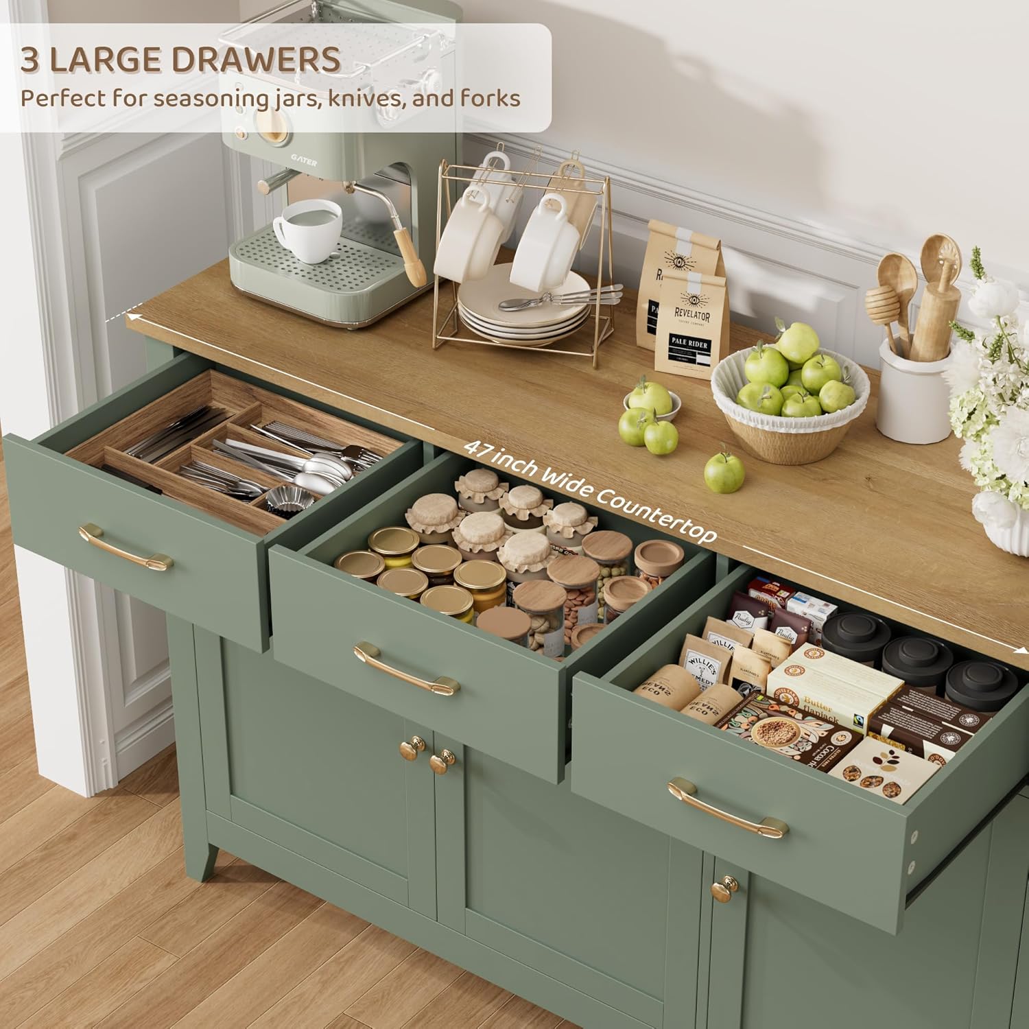 HORSTORS 47' Buffet Cabinet with Storage, Kitchen Buffet Table with Drawer, Modern Coffee Bar Storage Cabinet with Adjustable Shelf, Wood Sideboard for Dining Room, Kitchen, Entryway, Light Green