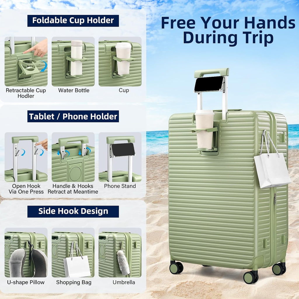 HanTrip Hard Shell Expandable Luggage Sets 2 Piece with Spinner Wheels Cup Holder, Top Opening Lightweight Luggage Rolling Suitcase, Carry On And Checked Luggage Set 2 Piece (Bamboo Green, 20/28)