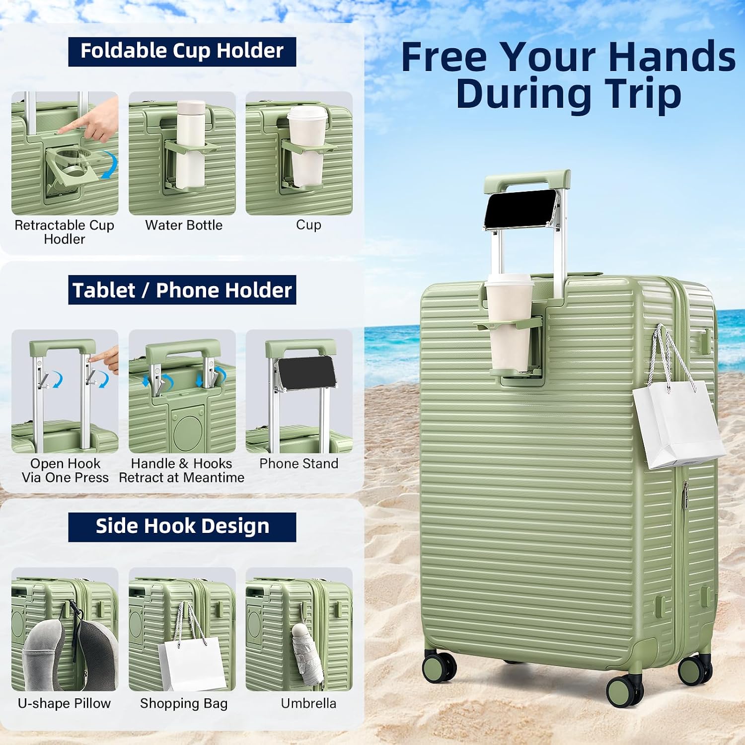 HanTrip Hard Shell Expandable Luggage Sets 2 Piece with Spinner Wheels Cup Holder, Top Opening Lightweight Luggage Rolling Suitcase, Carry On And Checked Luggage Set 2 Piece (Bamboo Green, 20/28)