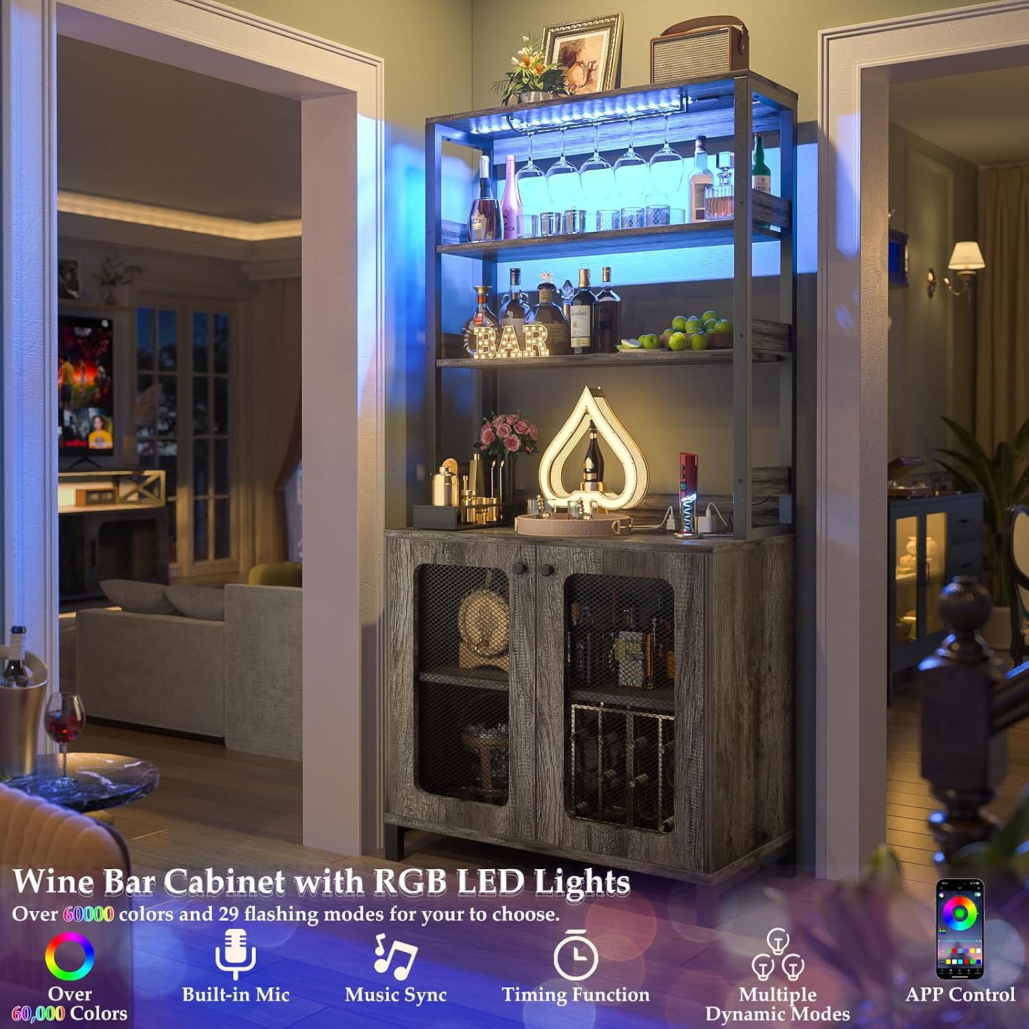 Aheaplus Bar Cabinet with Power Outlets, 26.9' Wine Bar Cabinet Liquor Cabinet with LED Lights and Glass Holder, Coffee Bar Station Microwave Stand, Black Oak